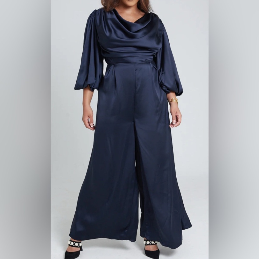 Elegant Navy Blue Evening Pant Suit Sz UK 10 Navy Blue Lined - Picture 15 of 15